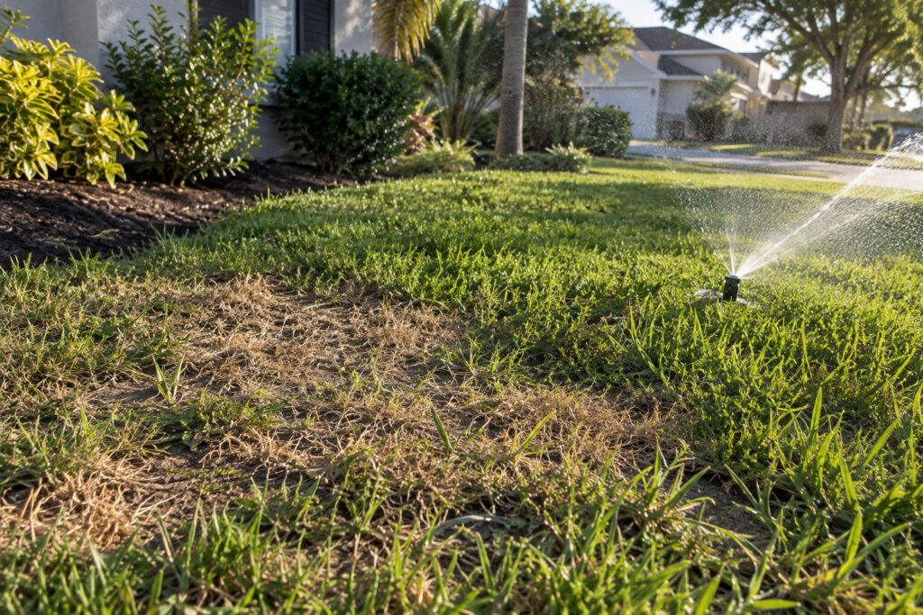 Dry patches in lawn after watering with sprinkler running on a Port Charlotte lawn