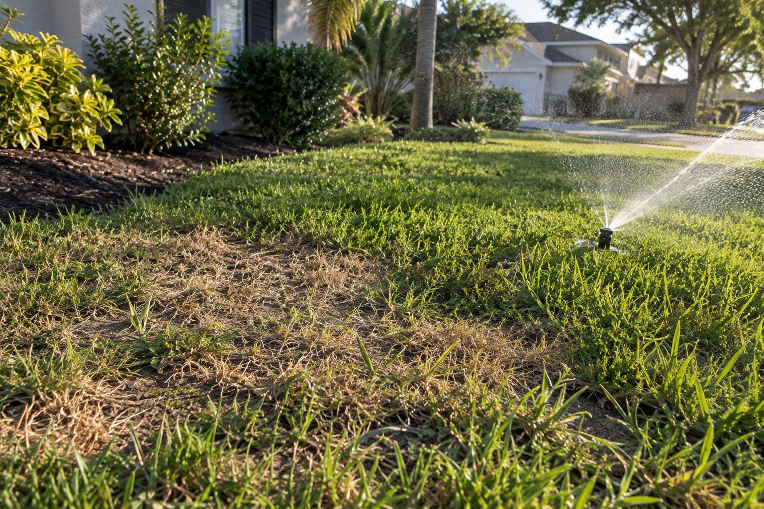 Dry patches in lawn after watering with sprinkler running on a Port Charlotte lawn