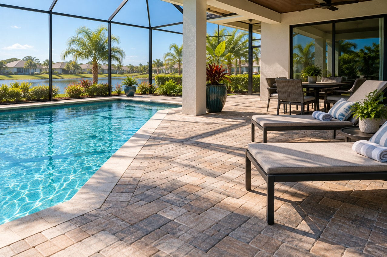 Paver pool deck Port Charlotte home with outdoor seating and landscaped pool area