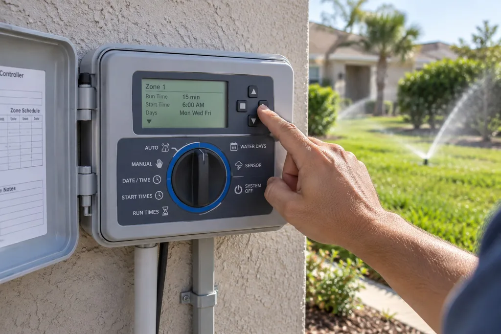 Checking irrigation controller settings for dry patches in lawn after watering