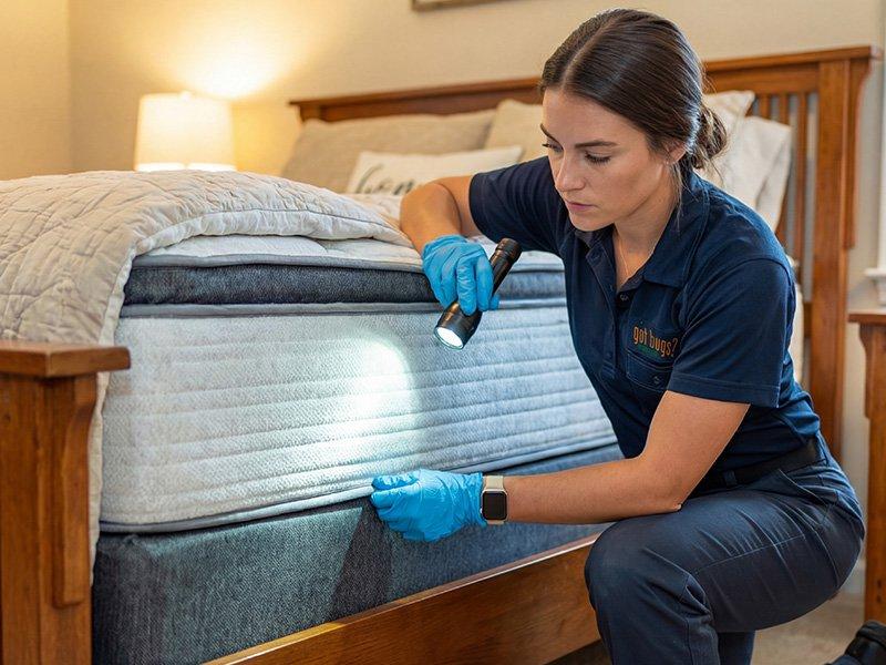 Pest control professional inspecting mattress seams during a residential bed bug inspection