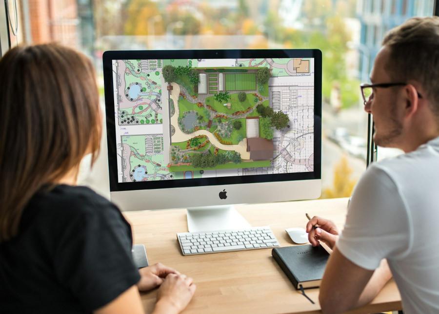 Landscape design plan Port Charlotte FL CAD drawing being reviewed before landscape installation