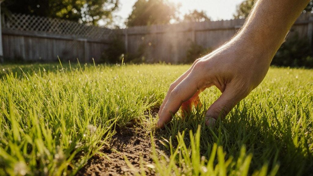 Homeowner checking soil moisture in a residential landscape before adjusting irrigation run times