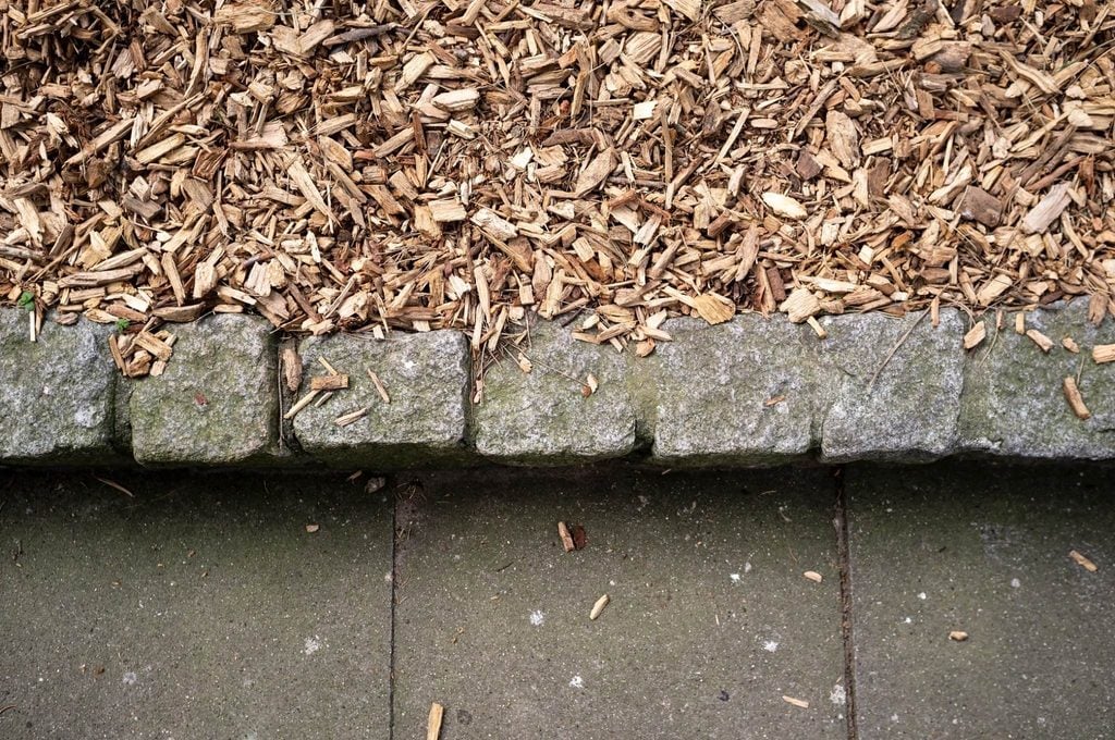 Mulch washing out after heavy rain from a landscape bed with concrete curbing