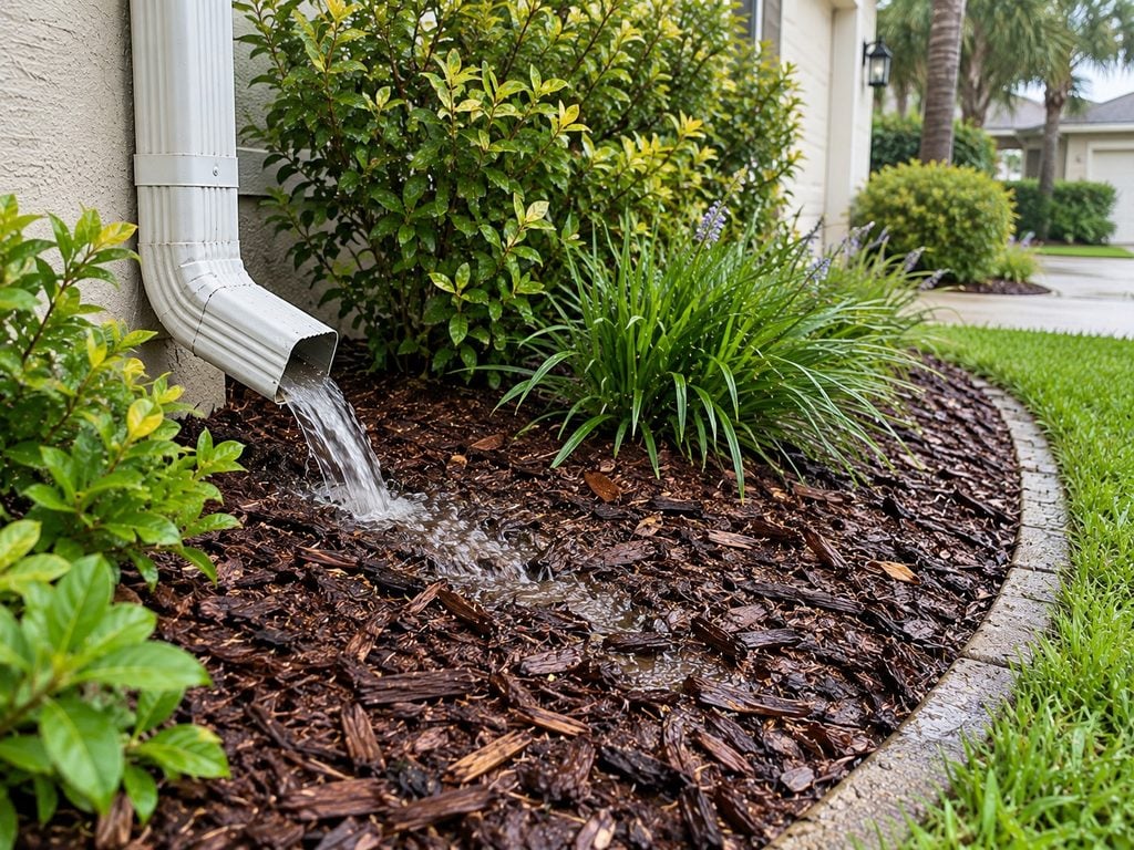 Mulch washing out after heavy rain near a downspout beside a landscaped home