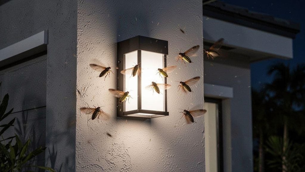 Insect activity near a porch light where spider webs keep coming back
