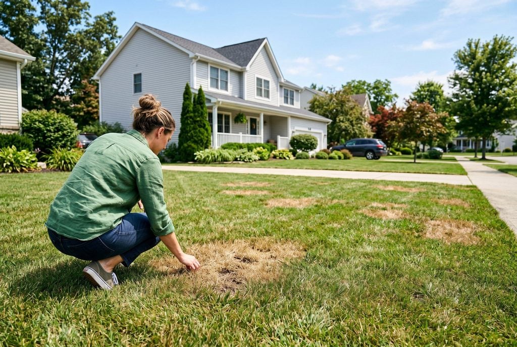 Homeowner using a smartphone to document changes in a damaged lawn area