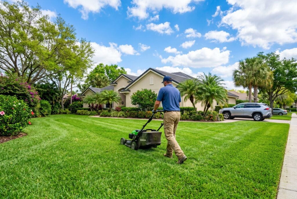 Mowing after heavy rain in Port Charlotte begins with checking damp grass and soil before using a lawn mower