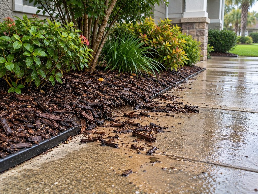Mulch washing out after heavy rain from a raised landscape bed beside a walkway