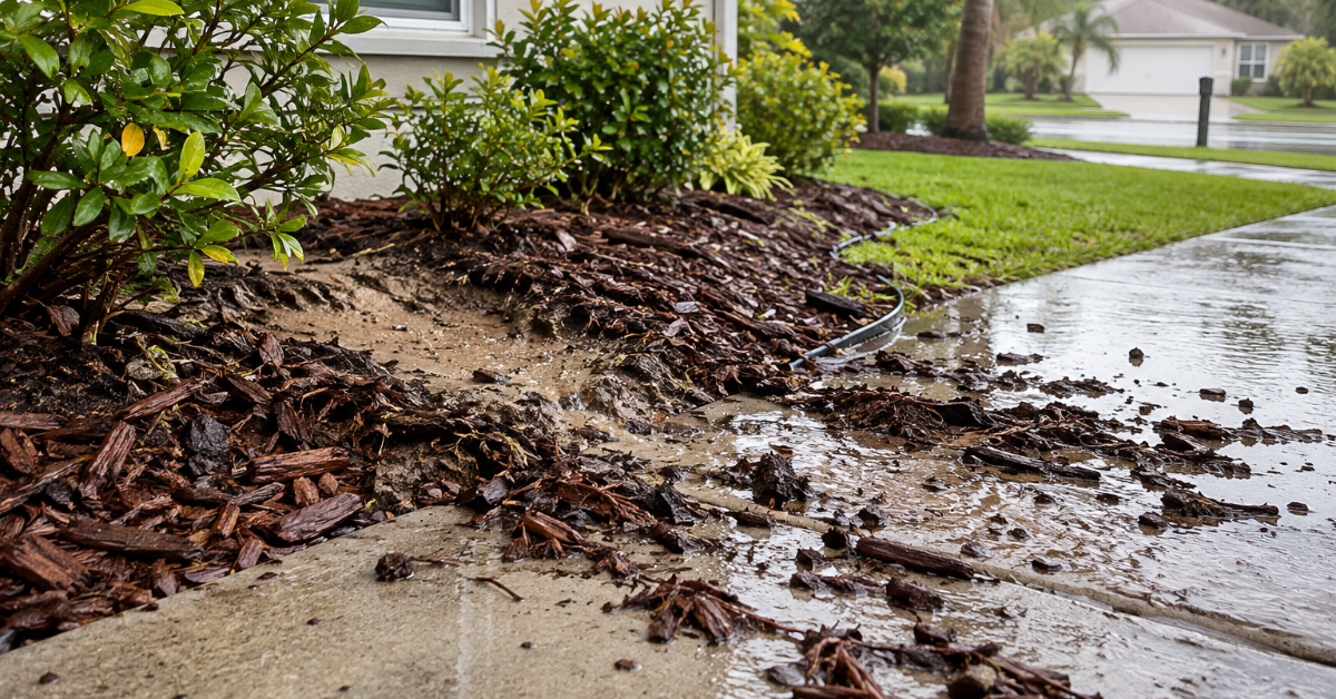 Mulch washing out after heavy rain from a landscaped bed in a Port Charlotte yard
