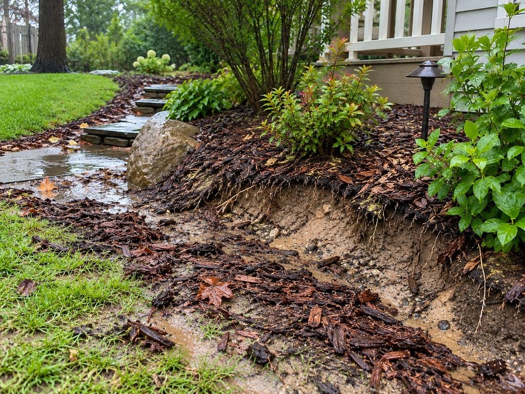 Mulch washing out after heavy rain showing a visible runoff path through a garden bed
