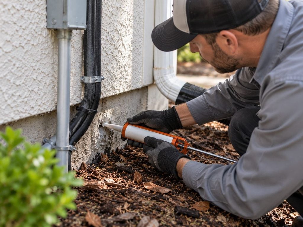 Rodent removal vs exclusion service sealing an entry point at a Port Charlotte home