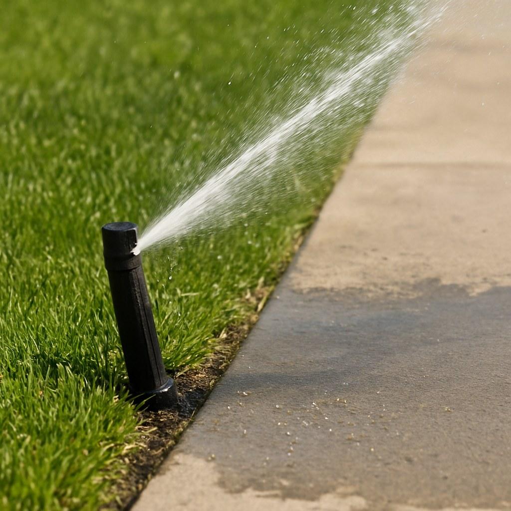 Residential sprinkler head operating beside a sidewalk during an irrigation system inspection