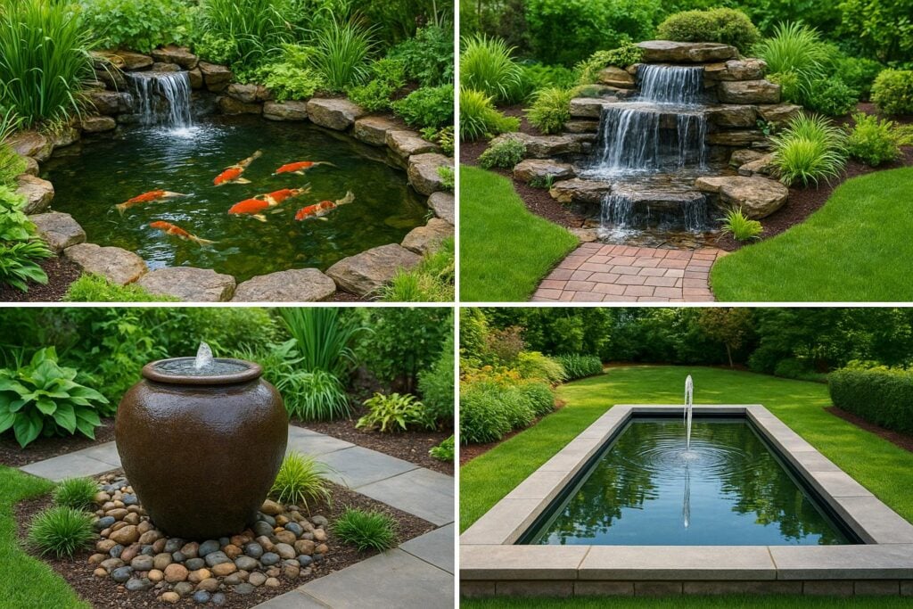 Water features Port Charlotte FL comparison of a garden fountain, waterfall, and pond