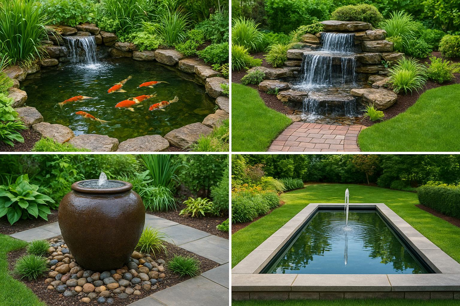 Water features Port Charlotte FL comparison of a garden fountain, waterfall, and pond